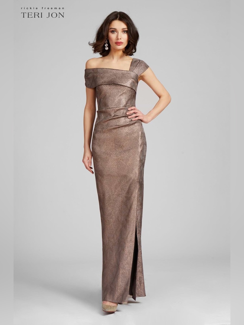 Rickie Freeman For Teri Jon New Metallic Jacquard Column Gown Size 4 $790.00
